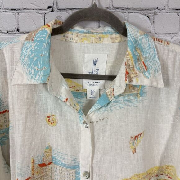 Calypso St Barth Linen Button Up Shirt Top Womens L Vacation Destination Coastal - Picture 4 of 9